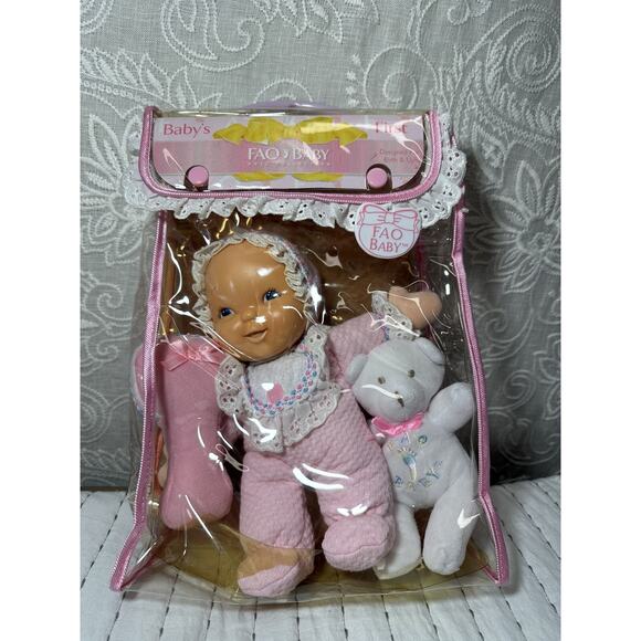 FAO Schwarz 8” My First Baby Doll Pink Eyelet Rubber Face Rattle Bear Goldberger - Picture 1 of 9